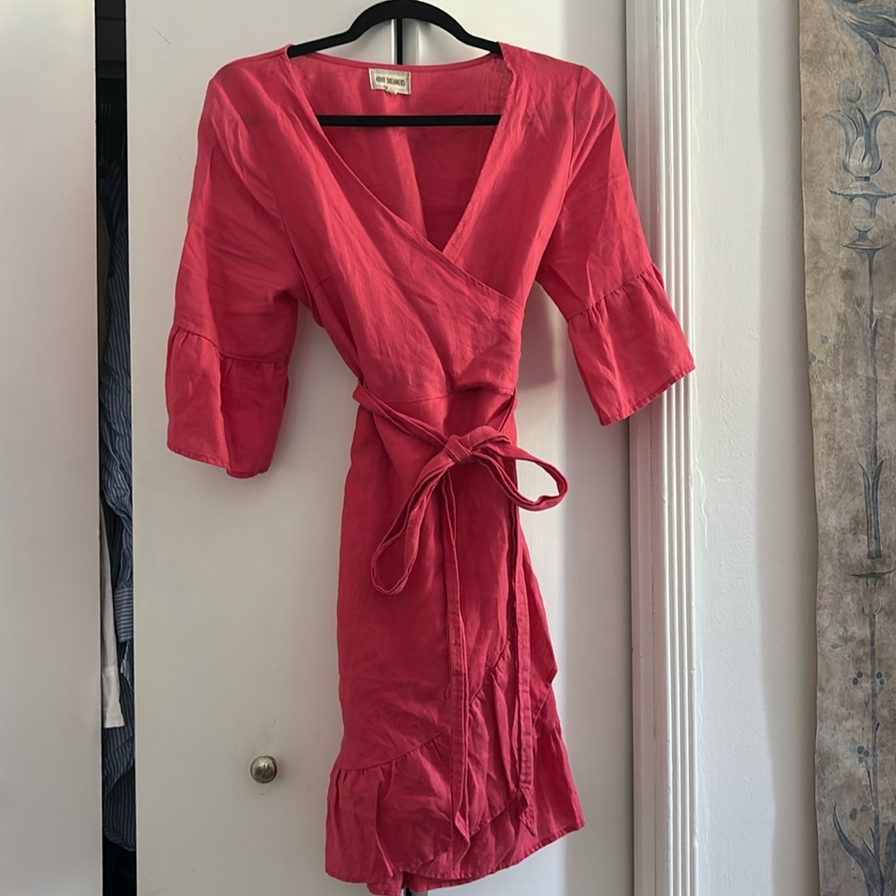 Anthropologie pink linen wrap dress